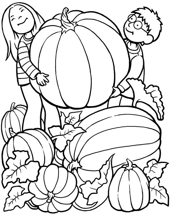 Kolorowanka dzieci zbierają jesienne duże dynie